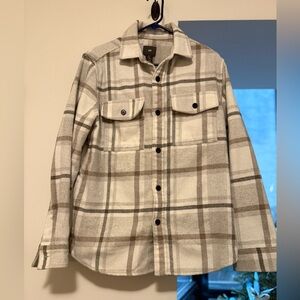 Thick White and Beige Plaid Button-Up Shirt Jacket